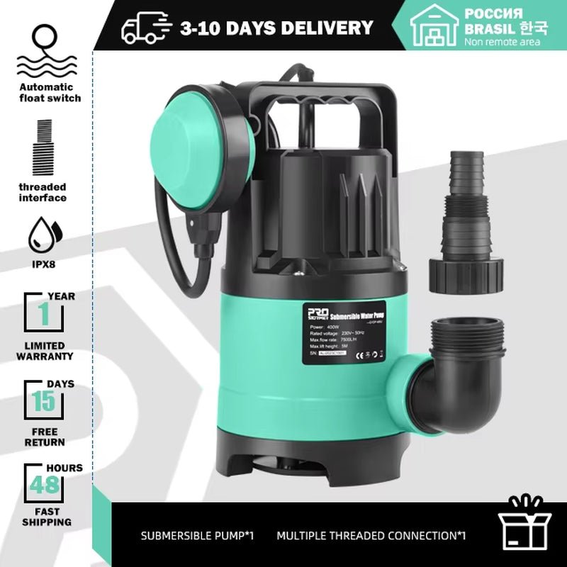 400W Submersible Water Pump 7500L/H Utility Thermoplastic Electric Portable Transfer Pool Pond Draining Sump Pump by
