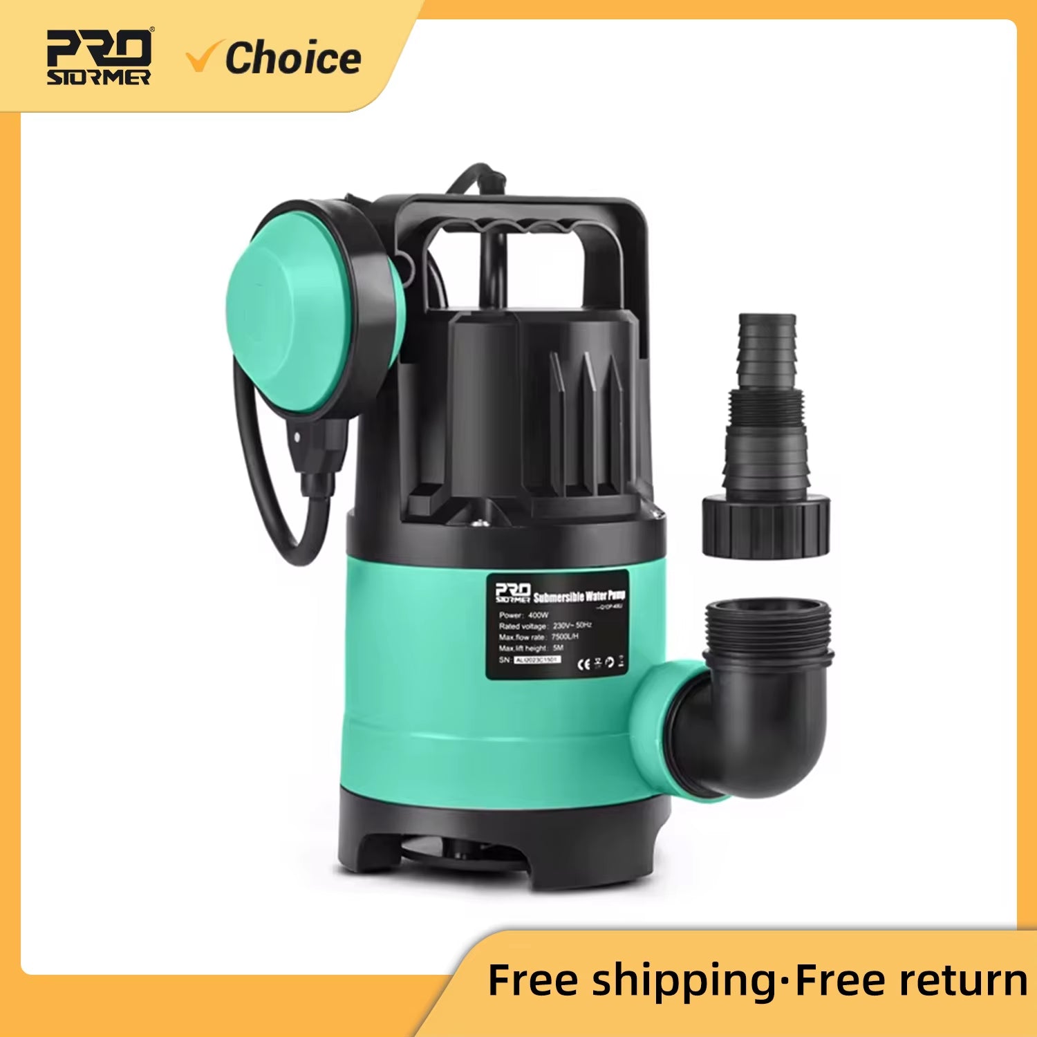 400W Submersible Water Pump 7500L/H Utility Thermoplastic Electric Portable Transfer Pool Pond Draining Sump Pump by