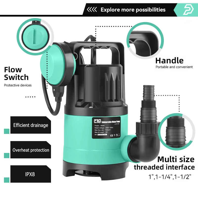 400W Submersible Water Pump 7500L/H Utility Thermoplastic Electric Portable Transfer Pool Pond Draining Sump Pump by