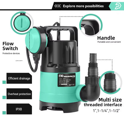 400W Submersible Water Pump 7500L/H Utility Thermoplastic Electric Portable Transfer Pool Pond Draining Sump Pump by