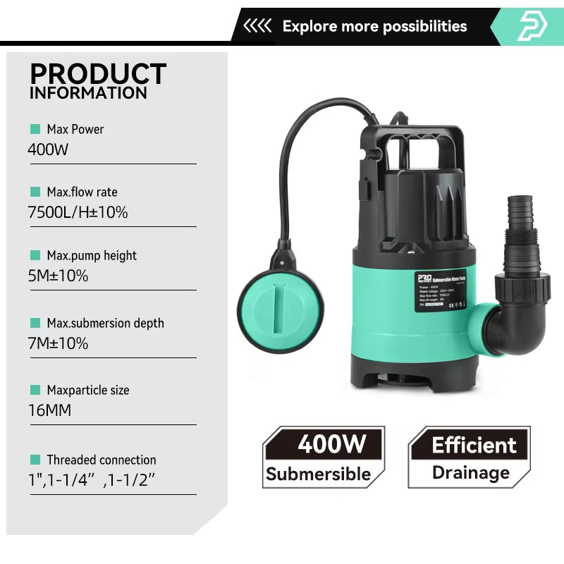 400W Submersible Water Pump 7500L/H Utility Thermoplastic Electric Portable Transfer Pool Pond Draining Sump Pump by